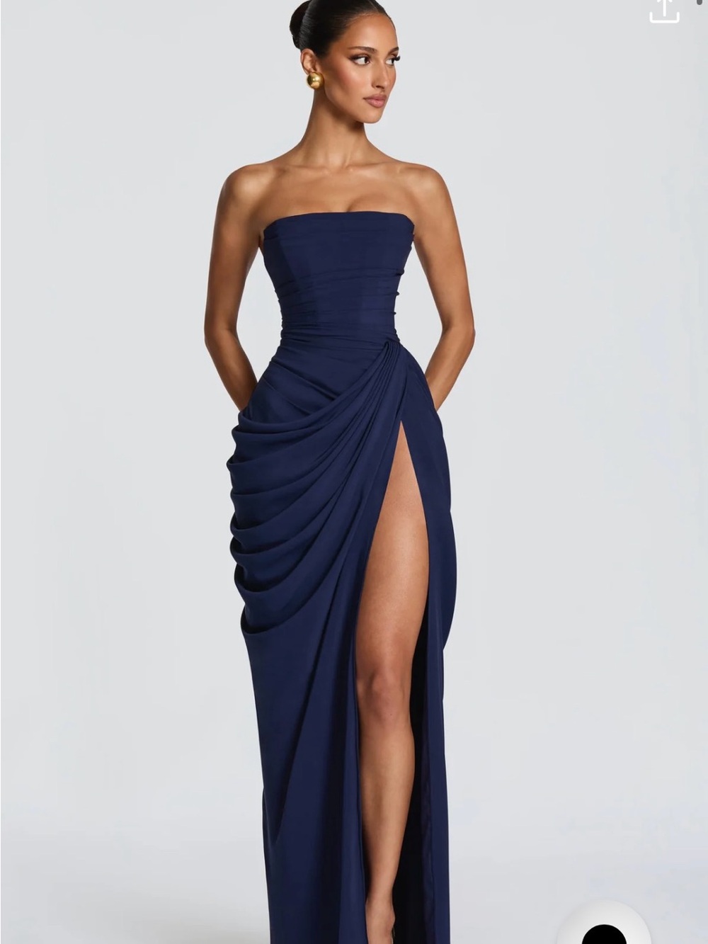 Babyboo Cyra Strapless Navy Maxi Gown with Draped High Leg Slit